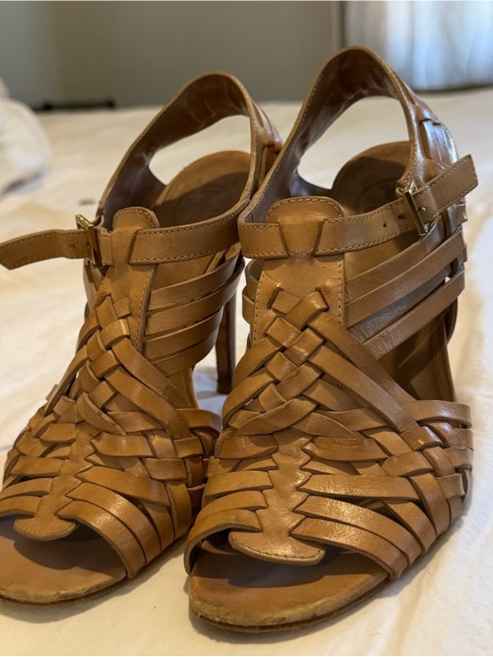 Tory Burch Cognac Woven Leather High-Heel Sandals